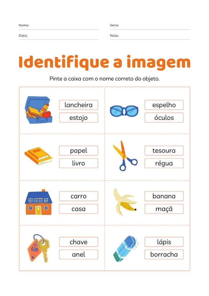 Folha de Atividades Fundamentos Colorido Identificação de Objetos Palavras